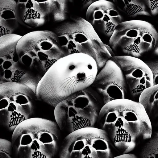 Image similar to a baby harp seal lying on a throne of skulls, dark and ominous, backlight, 4k