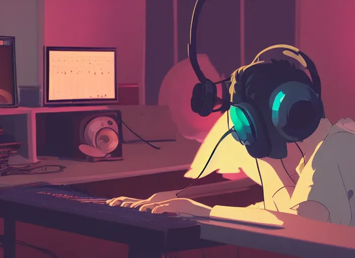 Image similar to man with headphones at his home studio producing music late at night, very detailed, 4 k, cory loftis, james gilleard, atey ghailan, makoto shinkai, goro fujita, studio ghibli, rim light, exquisite lighting, clear focus, very coherent