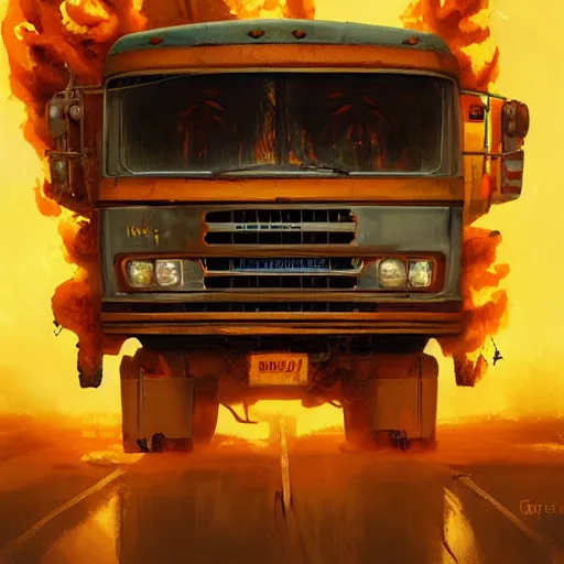 Image similar to rent - a - center truck on fire by greg rutkowski