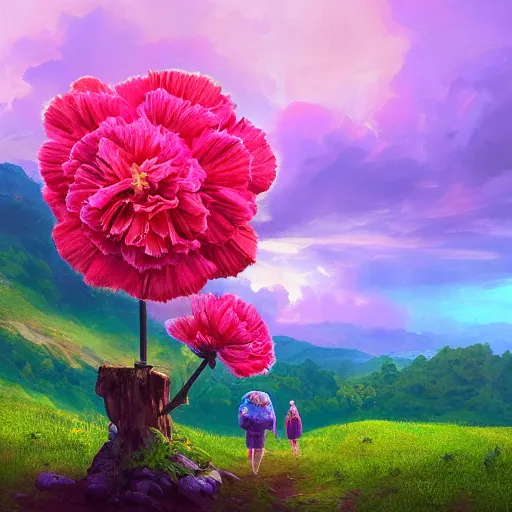 Image similar to giant carnation flower as a head, girl hiking in a lush valley, surreal photography, sunrise, dramatic light, impressionist painting, colorful clouds, digital painting, artstation, simon stalenhag