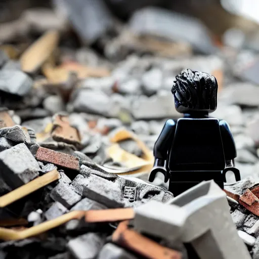 Image similar to A burned Lego figure in rubble,