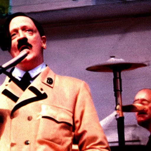Image similar to A still of Hitler performing in a 1970s funk band