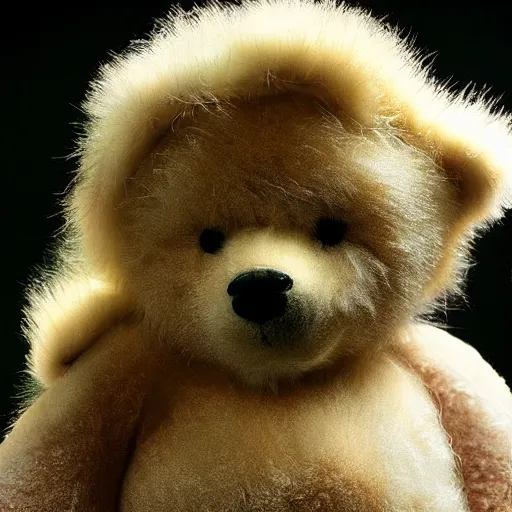 Image similar to a photograph fluffy bear abandonned macro , weird, argentic, dust and scratches, by Jon Rafman