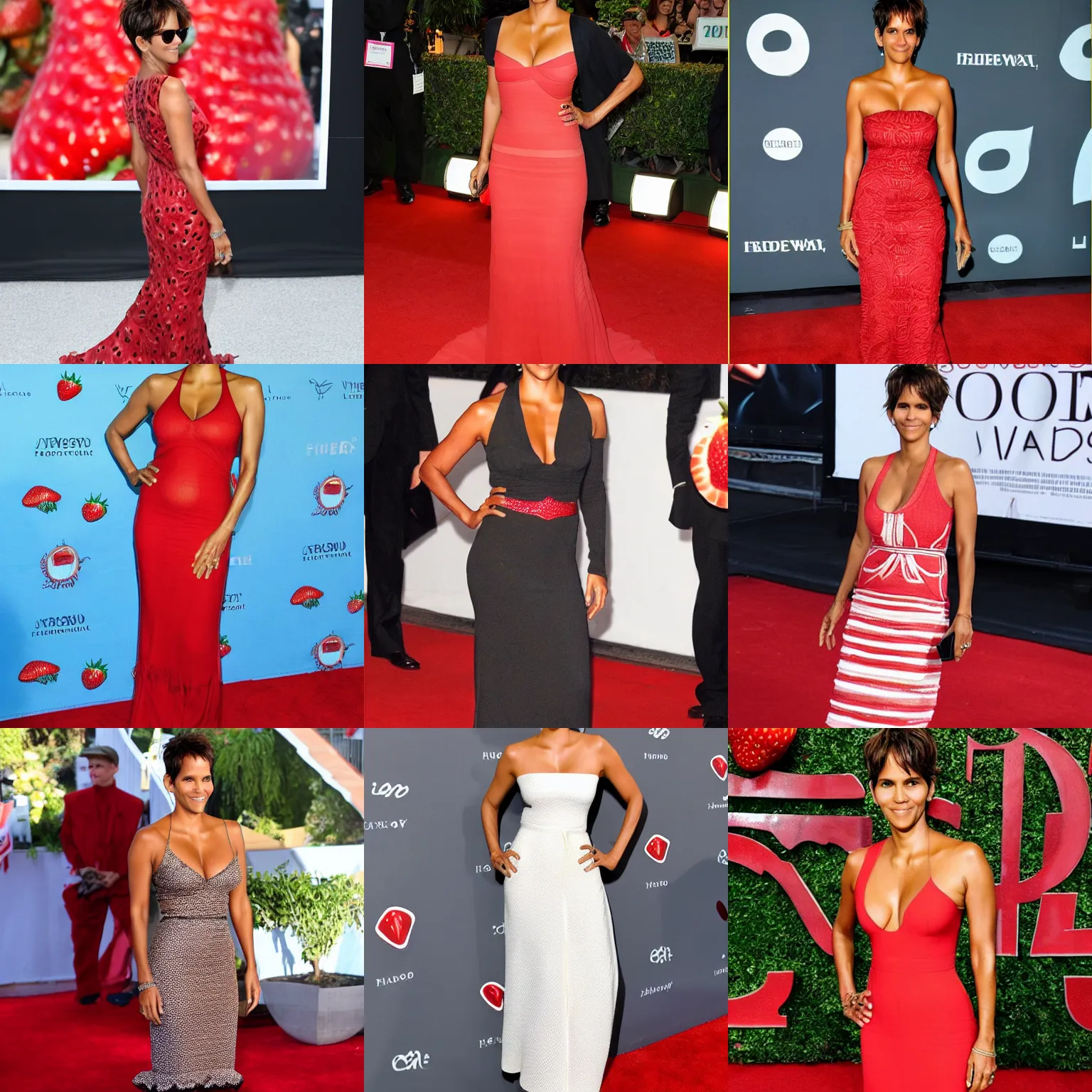 Prompt: halle berry wearing a round dress in the shape of a strawberry on the red carpet, food outfit, very berry