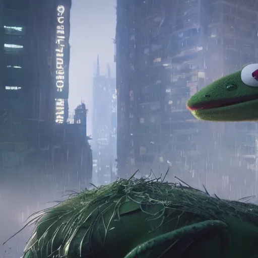 Image similar to a still of kermit the frog in inception, realistuc movie by cory loftis, fenghua zhong, ryohei hase, ismail inceoglu and ruan jia. volumetric light, detailed, octane render, horizon zero dawn