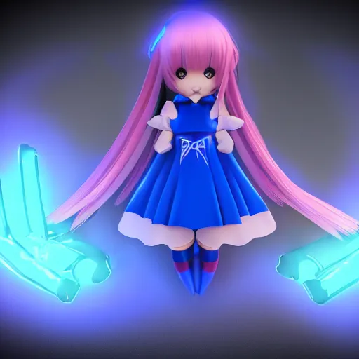 Image similar to cute fumo plush of a superheroine girl in a blue dress, magical girl, gothic maiden anime girl, glowing writing, velvet, vray