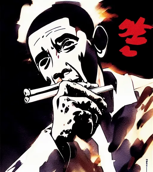 Prompt: a scene of barack obama smoking a blunt, comic book art, by yoji shinkawa and takehiko inoue and kim jung gi, masterpiece, perfect