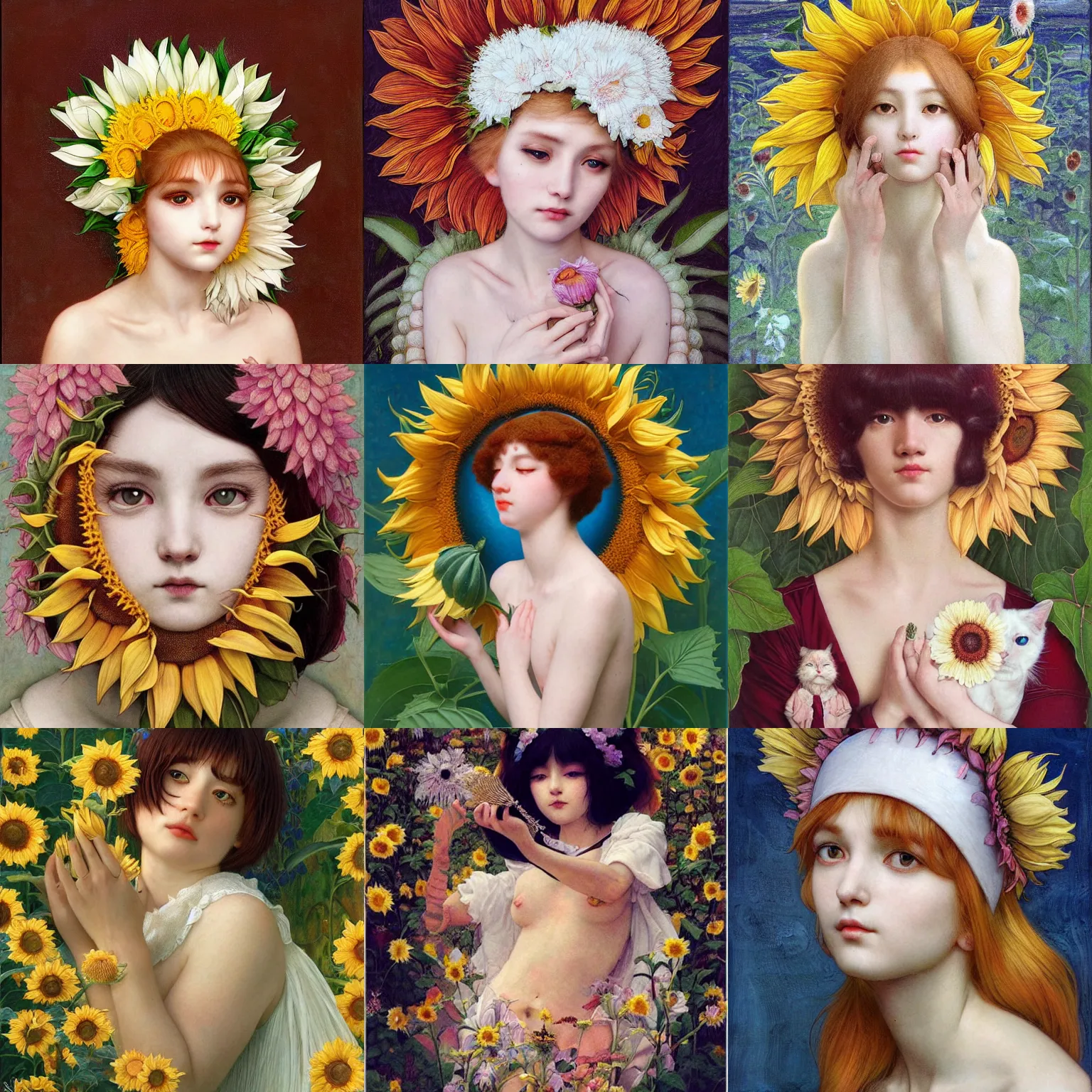 Image similar to white cat girl, botanical, sunflower, portrait face, colorful, frantisek kupka, intricate, miles johnston, kuroda seiki, cynical realism, ozabu, john william godward, painterly, yoshitaka amano, moebius, miles johnston, louise zhang, james jean, mark ryden lowbrow pop surrealism art style