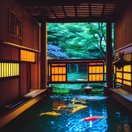 Prompt: photographed by Frans Lanting of the inside of a dimly lit cozy dark wooden Japanese house with a indoor koi pond at night raining, bonsai trees, fireflies, wild flowers, raining, night