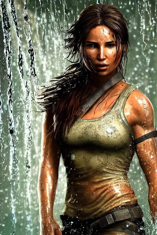 Prompt: portrait of a beautiful lara croft, drenched body, wet dripping hair, emerging from the water, fractal crystal