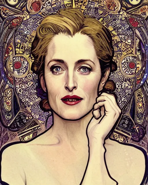Image similar to Gillian Anderson, by Mucha, intricate, 8k,
