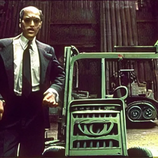 Image similar to cthulhu driving a forklift in a museum, in the movie the godfather