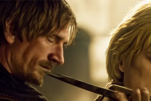 Image similar to very very intricate photorealistic photo of jaime lannister killing cersei, photo is in focus with detailed atmospheric lighting, award - winning details