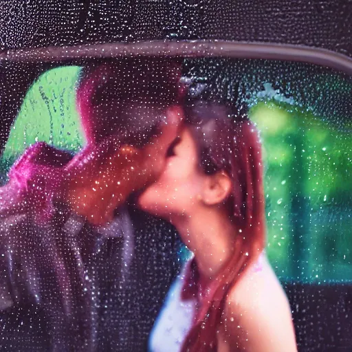 Image similar to close up through steamy window highschool kids making out in a car at night, raining!!! steamy windows!!, colorful!!, nighttime!!