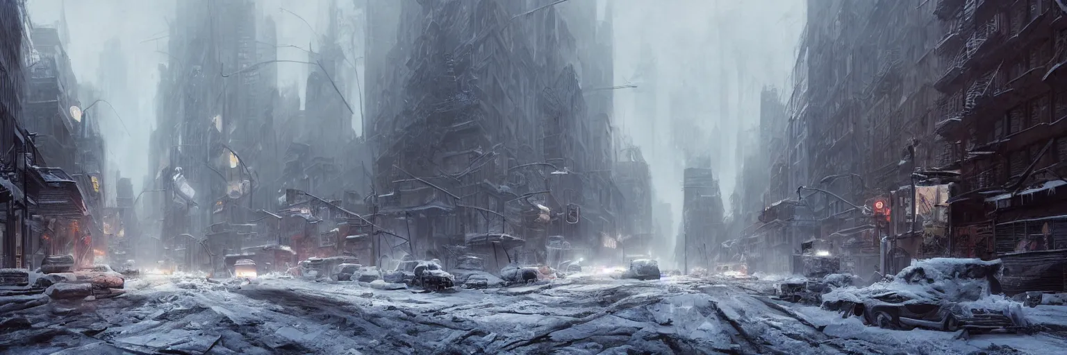 Image similar to Street in post apocalyptic Manhattan new york after a Blizzard, snow Storm, dramatic lighting, cinematic, establishing shot, extremly high detail, photo realistic, cinematic lighting, post processed, concept art, artstation, matte painting, style by eddie mendoza, raphael lacoste, alex ross