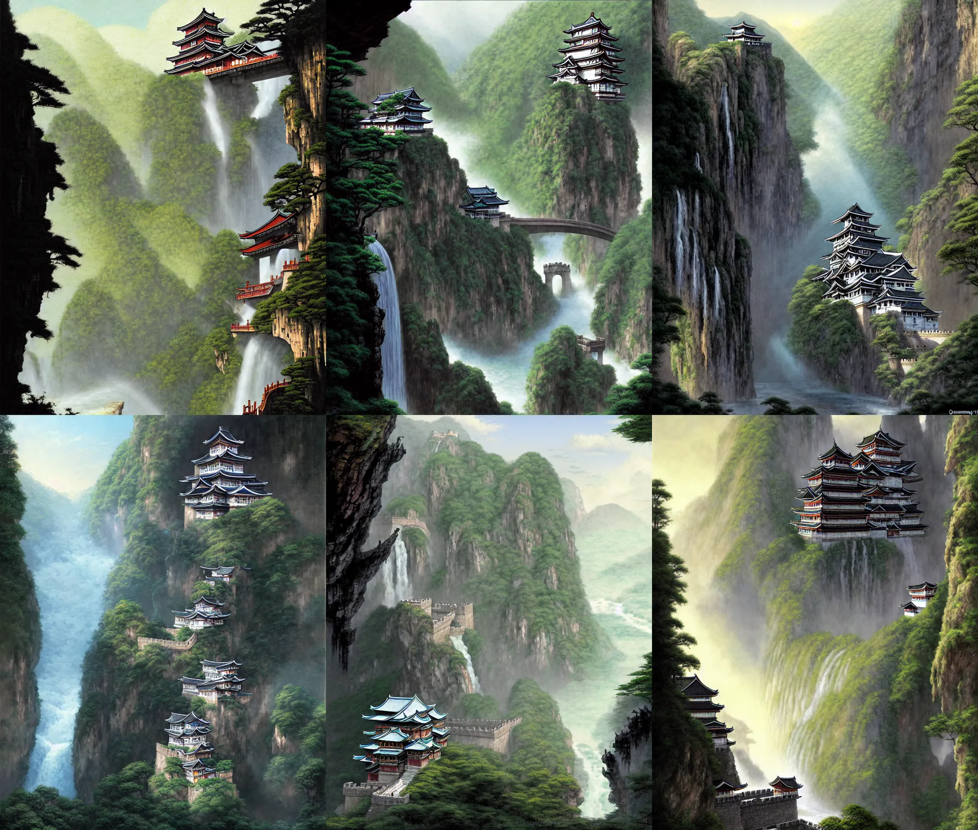Prompt: establishing wide shot inside han son doong with waterfalls on either side of the cliff walls, at the top of the cliff is a japanese castle, a cloister is built into the cliff walls, an old suspension bridge spans the walls, sunny morning light, detailed digital concept art by gerald brom and james gurney
