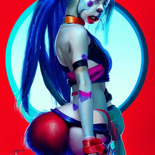 Image similar to Harley Quinn but she's a beautiful ape kid with long pony tails on either side of her head, mayhem, illustration, by James Jean, artgerm, octane render, by John Coltrane and Marc Simonetti, Manic, inspired by Greg rutkowski, colorful, high detail of the face, full body