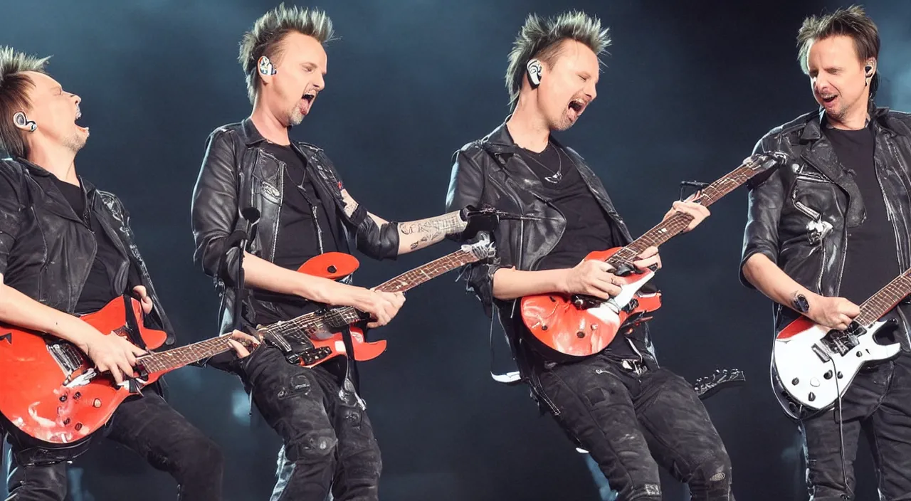 Image similar to matt bellamy from muse and james hetfield from mettalica playing on stage together, 2 0 1 5 live music video