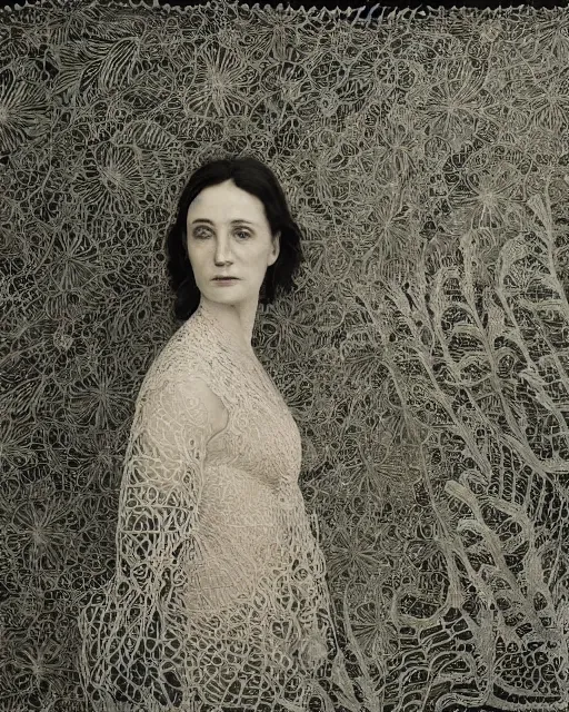 Image similar to a woman standing by the sea, made of intricate decorative lace leaf skeleton, in the style of the dutch masters and gregory crewdson, dark and moody