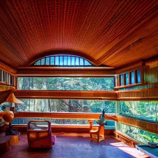 Prompt: interior of a Psychedelic Solarpunk frank lloyd wright house in the redwoods on a sunny day