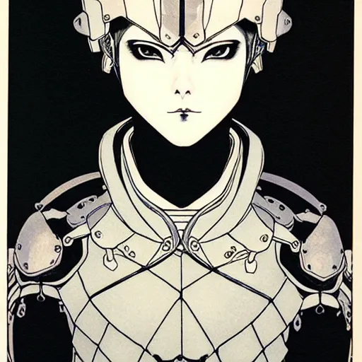 Image similar to prompt : black and white portrait soft light painted by takato yamamoto, black knight armor, inspired by ghost in shell anime, smooth face feature, intricate oil painting, high detail, sharp high detail, manga and anime 1 9 8 0