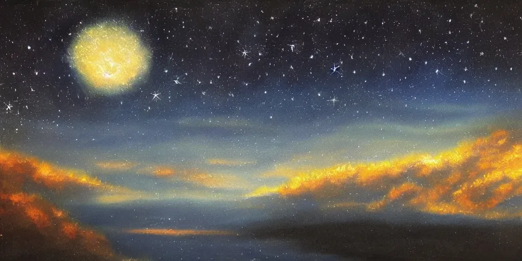 Image similar to night sky full of stars, soothing light, painting by kon, satoshi - h 5 7 6