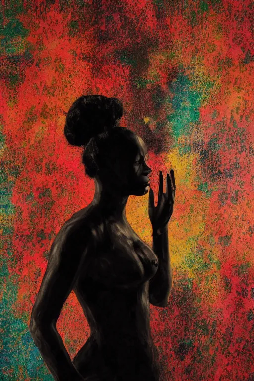 Image similar to oil portrait of a dark woman over reaction diffusion background wallpaper, high detail