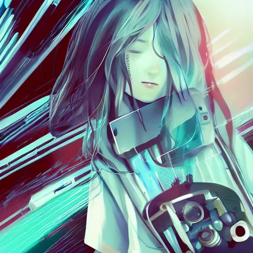 Image similar to Frequency indie album cover, luxury advertisement, white, indigo and teal colors. highly detailed post-cyberpunk sci-fi close-up schoolgirl in asian city in style of cytus and deemo, mysterious vibes, by Ilya Kuvshinov, by Greg Tocchini, nier:automata, set in half-life 2, beautiful with eerie vibes, very inspirational, very stylish, with gradients, surrealistic, postapocalyptic vibes, depth of filed, mist, rich cinematic atmosphere, perfect digital art, mystical journey in strange world, bastion game, arthouse