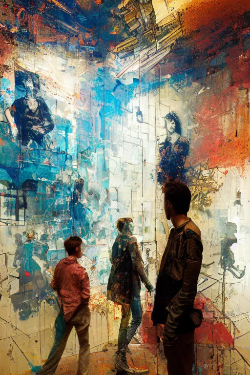 Prompt: a beautiful glitched painting by robert proch of people in front of a painting in a museum gallery, metal rust and plaster materials, pixel sorting, color bleeding, brushstrokes by jeremy mann, still life, dark colors