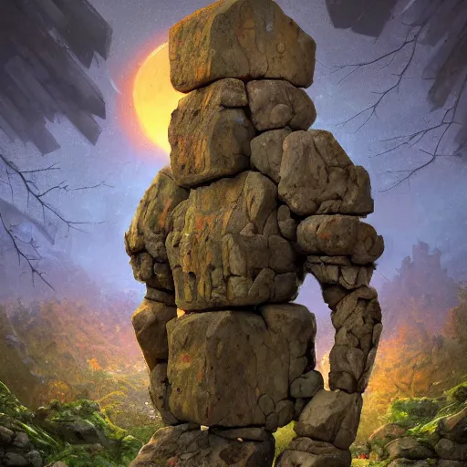 Image similar to a stone golem constructed out of rocks, minerals and wood, guarding the magnificent gate to a protected forest, 8 k resolution detailed fantasy art, asymmetrical composition, anato finnstark marc simonetti lisa frank zbrush central gloomy midnight.