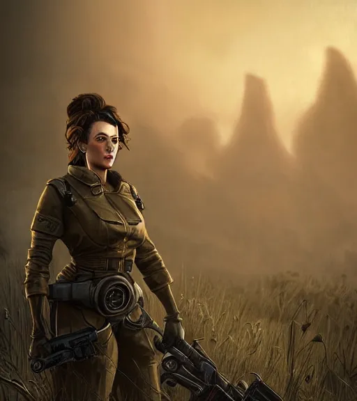 Image similar to fallout 5, concept art brunette female enclave officer portrait, concept art, outdoors mesa setting, spring time, slight overcast, atmospheric lighting, painted, intricate, volumetric lighting, beautiful, sharp focus, golden hour, ultra detailed by leesha hannigan, ross tran, thierry doizon, kai carpenter, ignacio fernandez rios