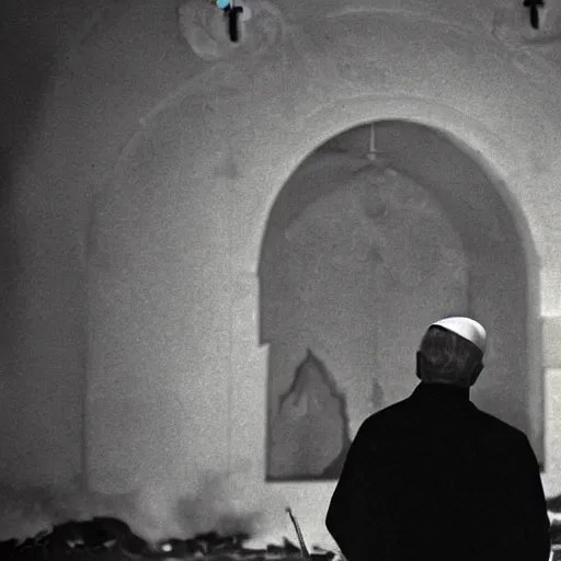 Image similar to award - winning photograph of john paul ii standing in the entrance to a small burning church building, at night, pitch black, christian cross