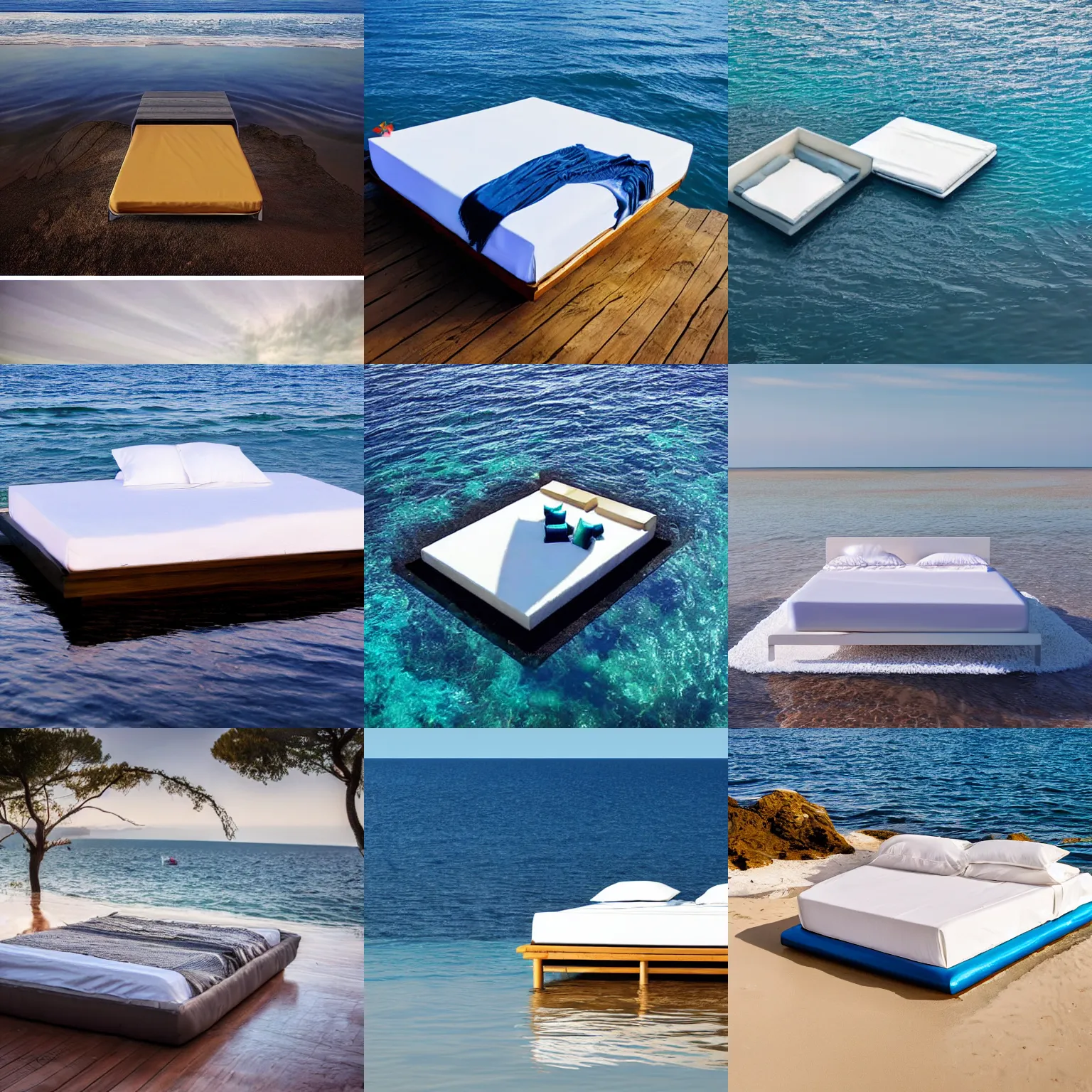 Prompt: A bed floating in the ocean