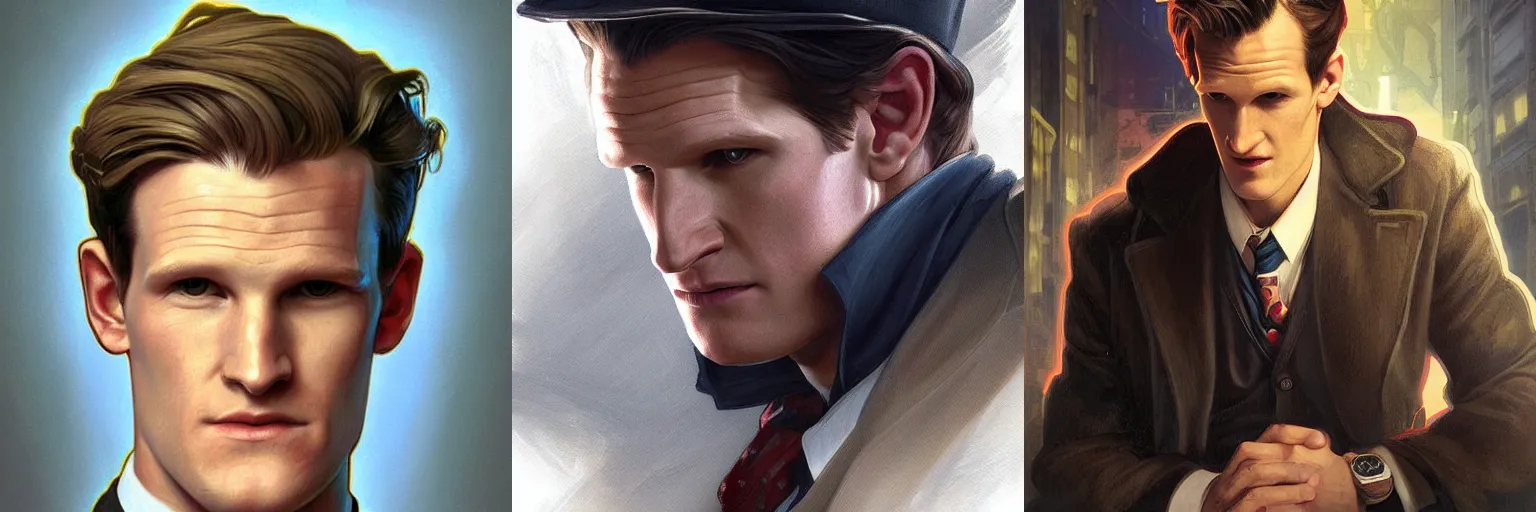 Prompt: portrait of matt smith as a detective, highly detailed, digital painting, artstation, concept art, sharp focus, illustration, art by artgerm and greg rutkowski and alphonse mucha