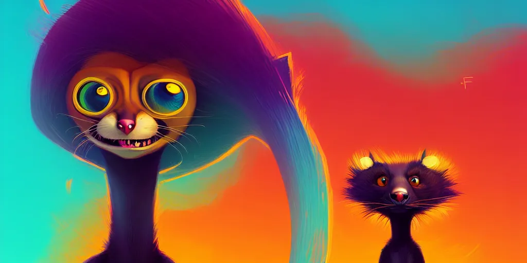 Image similar to curved perspective, extreme narrow, extreme fisheye, digital art of a marten animal cartoon character wearing a wig a jewlery by anton fadeev from nightmare before christmas