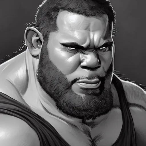 Image similar to black and white muscular shrek has beard, highly detailed, digital painting, artstation, concept art, smooth, sharp focus, illustration, art by artgerm and greg rutkowski and alphonse mucha