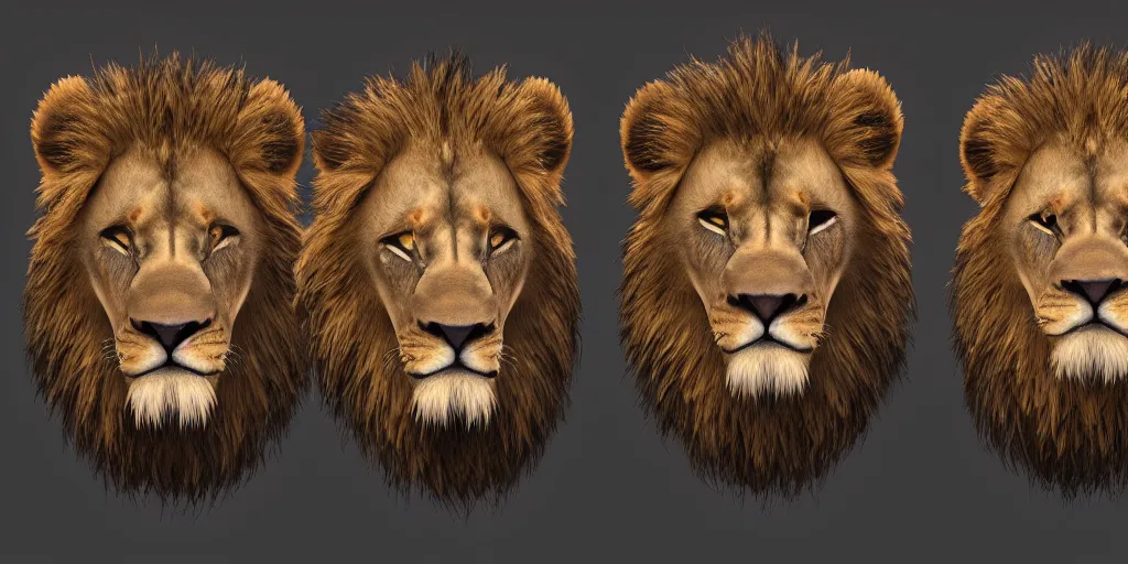 Prompt: game asset of unique lion heads on black background, organic, toon, 8 k, close up, trending on artstation