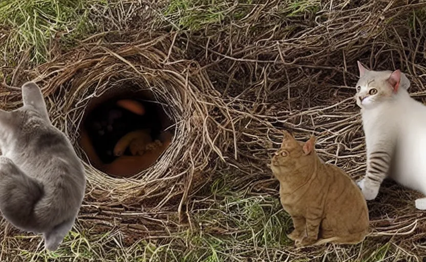 Image similar to david attenborough pointing at a cat guarding it's eggs. big nest. nature photography, strange, photorealistic