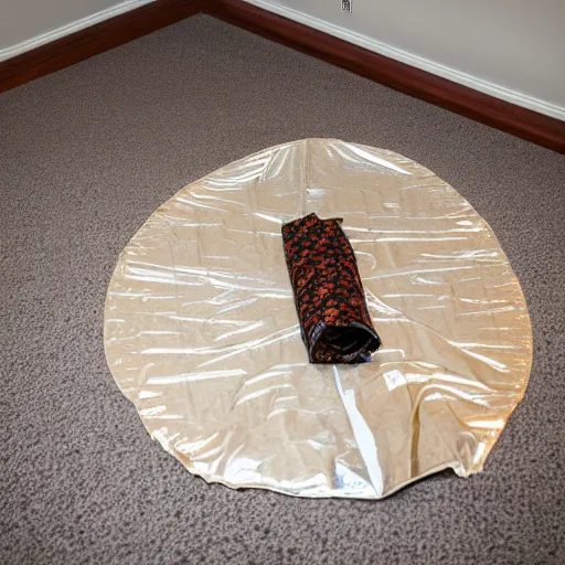 Prompt: empty apartment room with carpet flooring and single burrito wrapped in foil in the middle of the room