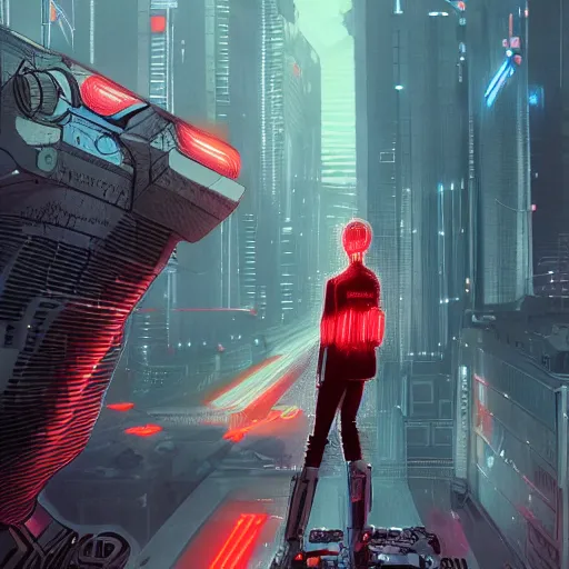 Prompt: character with short white hair who is half machine, robotic arm, overlooking city, neonpunk, dystopian, scifi, intricate, detailed red lighting, digital art, trending on artstation