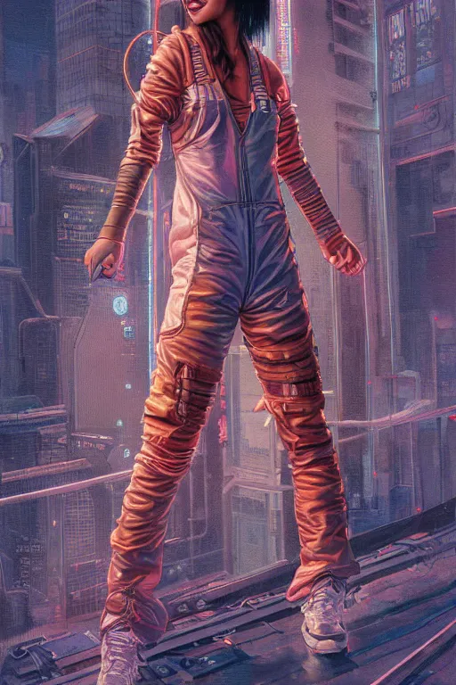 Image similar to a full body illustration of an asian female cyberpunk character wearing dungarees, highly detailed, oil on canvas, soft lighting, neon pastel colors, by Glenn Fabry, by Greg Staples, by Jean Giraud, HD, 4K