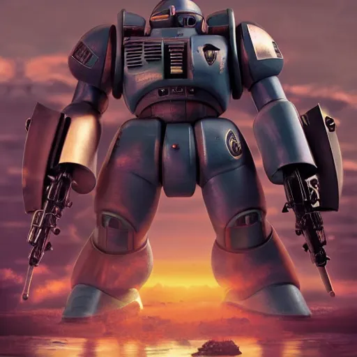 Prompt: zaku gouf custom, bandai box art, by beeple, erik johansson, pascal blanche