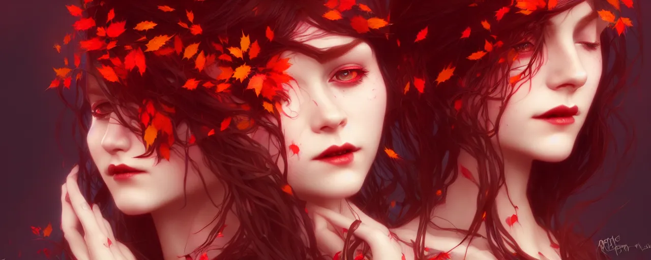 Prompt: vampire girl with with hair becoming autumn red leaves, intricate, dreamy, digital painting, artstation, concept arti, unreal engine 5, 8 k, art by artgerm and greg rutkowski and alphonse mucha