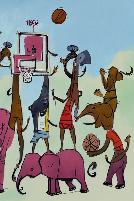 Image similar to elephants playing basketball by quentin blake