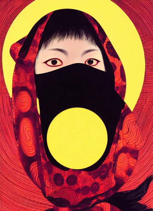 Image similar to portrait of a woman with a mask on his face in the form of a spiral in a golden kimono, full face, against the background of a bright red moon, sad motif, by hisashi eguchi, kentaro miura, and yoshitaka amano, soft colors, futuristic, 8 k