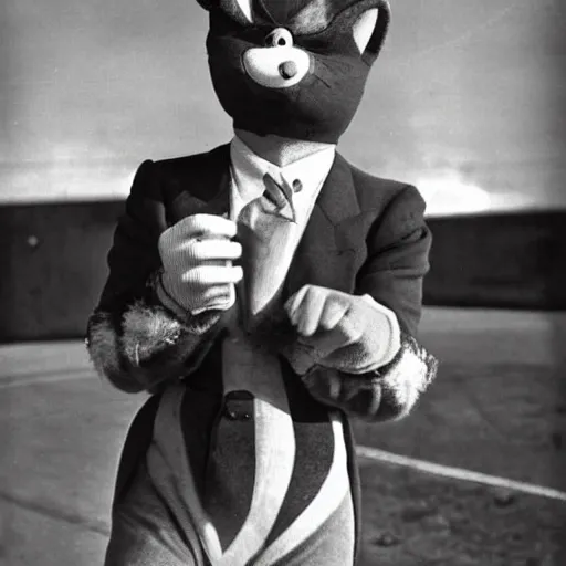 Prompt: a 1940s photograph of a man wearing a sonic the hedgehog suit