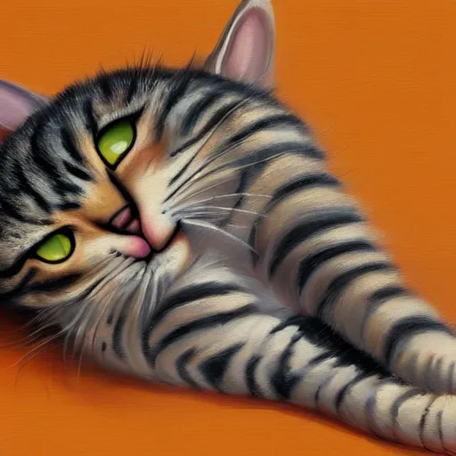 Image similar to a painting of cute tabby cat laying on the ground, a digital painting by nyuju stumpy brown, featured on pixiv, furry art, detailed painting, digital painting, speedpainting