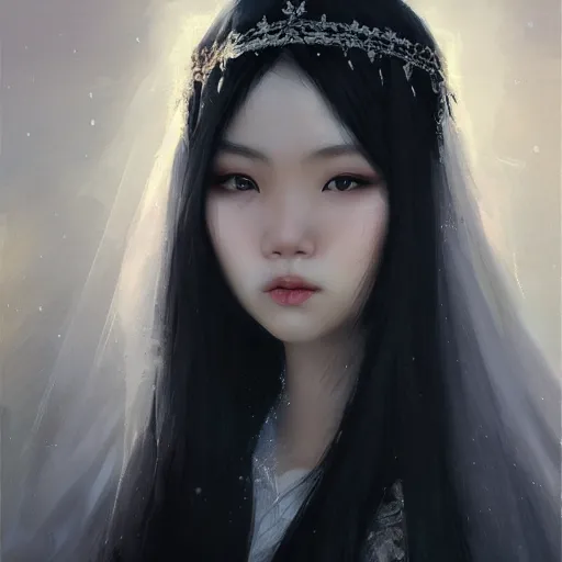 Prompt: Asian girl, watery black eyes, long wavy black hair, white veil, front closeup, highly detailed, centered, oil painting, artstation, realistic painting by WLOP