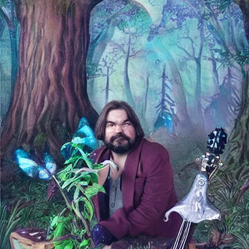 Image similar to Matt berry in a medeival fairy forest painting as a bard woodsman