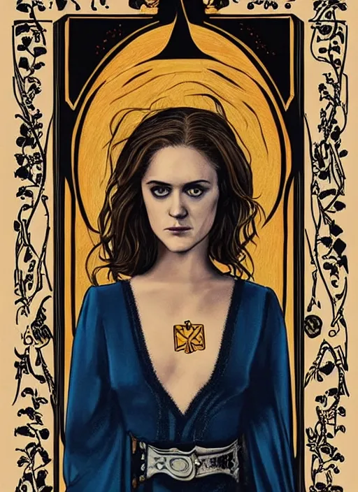 Prompt: tarot card of dolores ( evan rachel wood ) from westworld, beautiful portrait, steelblue dress, elegant, clear clean face, sam guay style